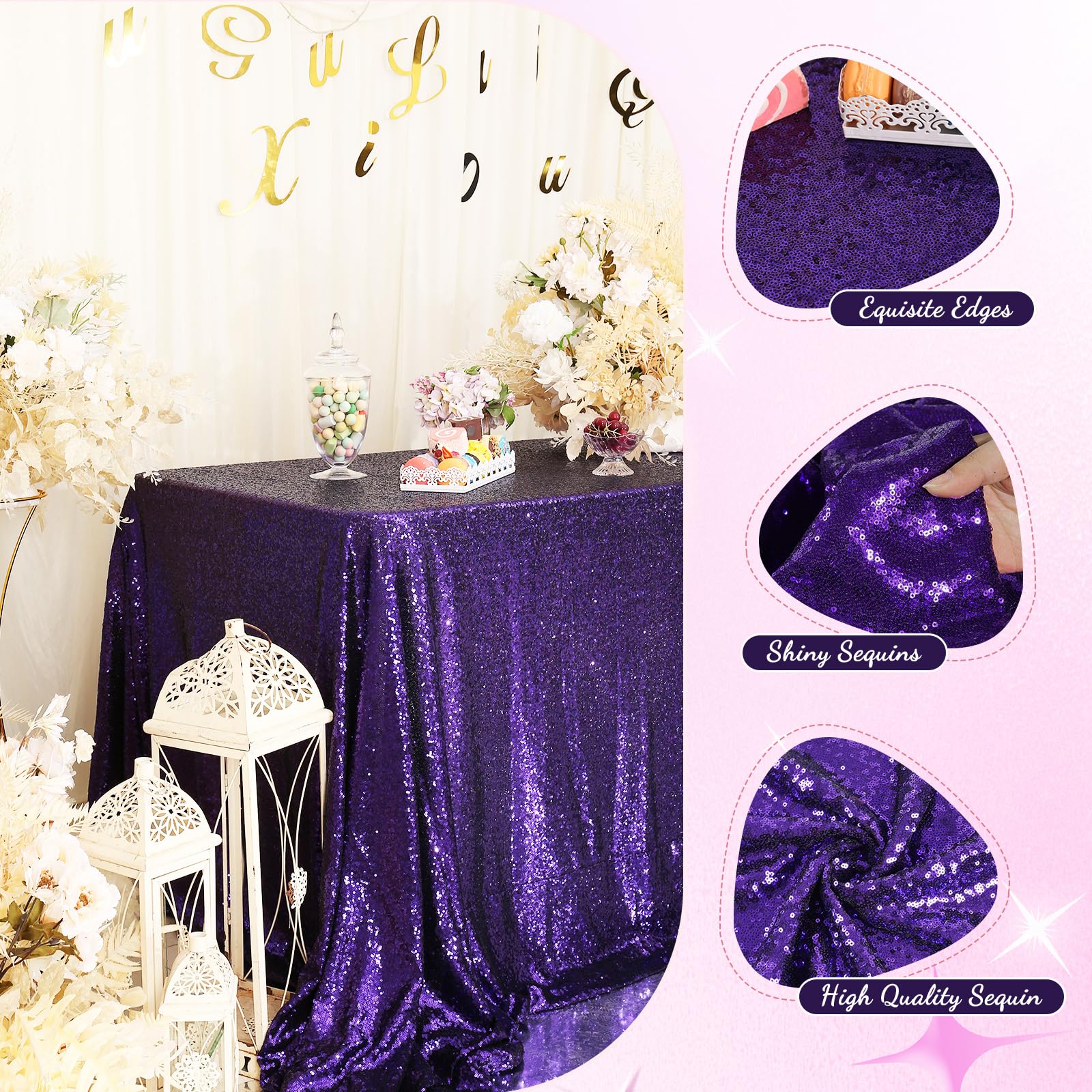 Partydelight Sequin Tablecloth, Wedding, Sweetheart, Christmas Tree, Rectangular, 48''X72'', Purple